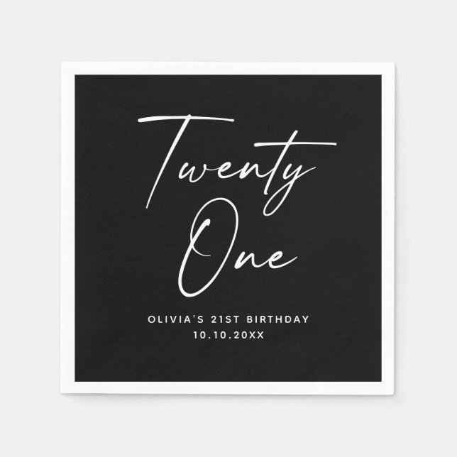 Twenty One 21st Birthday | Elegant Black Modern Napkin (Front)