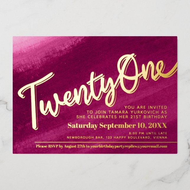 Twenty One 21st Birthday party gold red pink wash (Front)