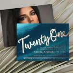 Twenty One 21st Birthday party teal gold photo<br><div class="desc">Twenty one 21st birthday party bold art brush wash in deep blue green aqua teal with a gold foil text or your own foil colour invite. Personalize this 21st birthday party script art milestone birthday invitation with your own birthday party event details, and your own photo on the reverse. Other...</div>