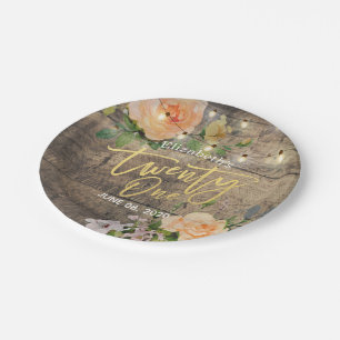 Twenty One Birthday Party Wood Flower String Light Paper Plate