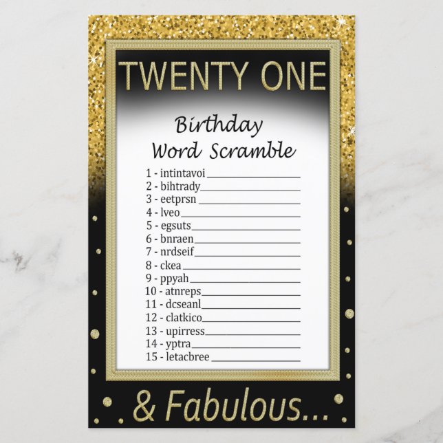 Twenty One Birthday Word Scramble Game (Front)