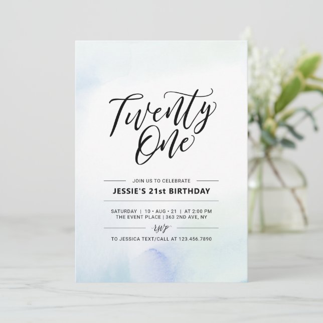 Twenty One Blue Watercolor 21st Birthday Invitation (Standing Front)