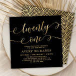 Twenty One Elegant Gold Script Black 21st Birthday Invitation<br><div class="desc">Chic Elegant Black and Gold Twenty One Script 21st Birthday Invitation. This modern birthday party invitation template features stylish „twenty one” text in huge faux gold foil whimsical swirly handwritten calligraphy (or typography) script with swash tails, party details in gold colour on black background. At the reverse side faux gold...</div>