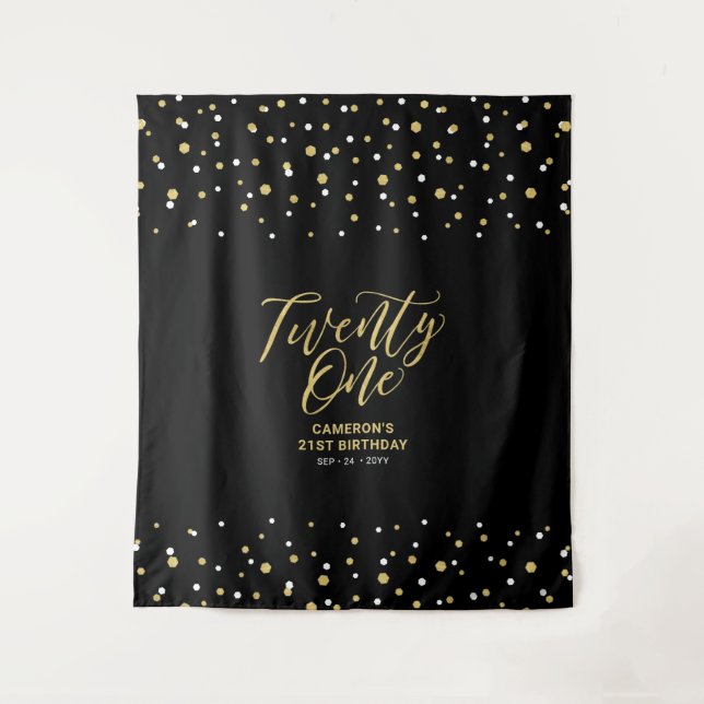 Twenty One | Gold & Black Birthday Party Backdrop Tapestry (Front)