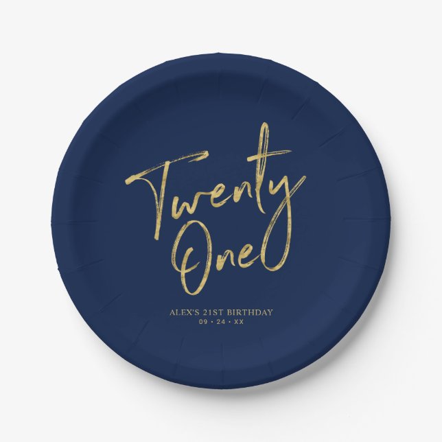 Twenty one | Gold & Navy 21st birthday Party Paper Plate (Front)