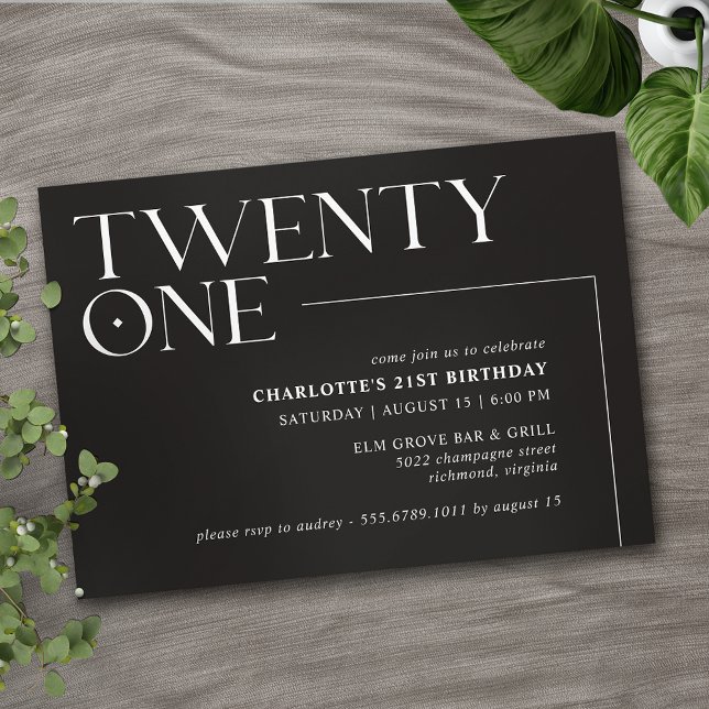 Twenty One | Modern Minimal Black 21st Birthday Invitation (Creator Uploaded)