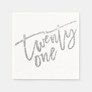 TWENTY-ONE modern script glam silver glitter 21st Napkin