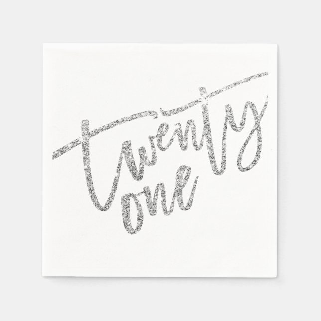 TWENTY-ONE modern script glam silver glitter 21st Napkin (Front)