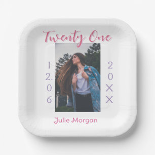 twenty one photo birthday pink purple girl boy nam paper plate