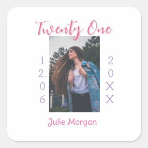 twenty one photo birthday pink purple girl boy nam square sticker