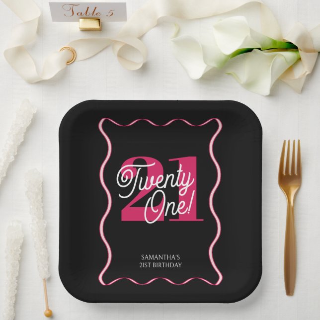 Twenty One Retro Wavy Black Pink Birthday Paper Plate (Wedding)