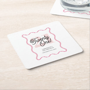 Twenty One Retro Wavy Minimalist 21st Birthday Square Paper Coaster
