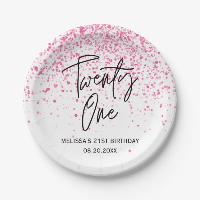 Twenty One Sparkling Hot Pink Glitter Birthday Paper Plate (Front)