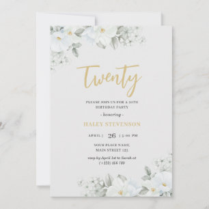 Twenty White & Gold Elegant White Floral Birthday Invitation