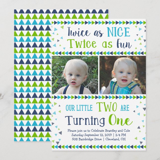 Twice as Nice Twin Boy First Birthday Invitation (Front/Back)