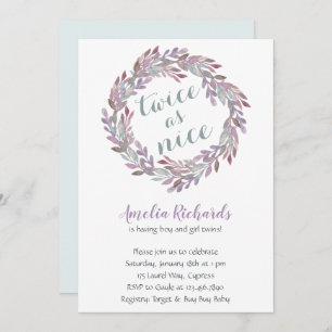 Twice as Nice   Twins Boho Wreath Baby Shower Invitation