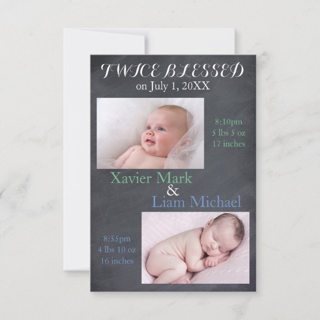 Twice Blessed Twin Boys - 3x5 Birth Announcement (Front)