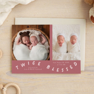 Twice Blessed Typography Pink Birth Announcement