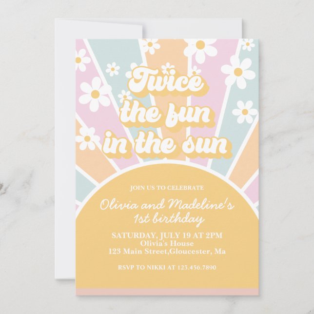 Twice the Fun in the Sun boho pastel birthday Invitation (Front)