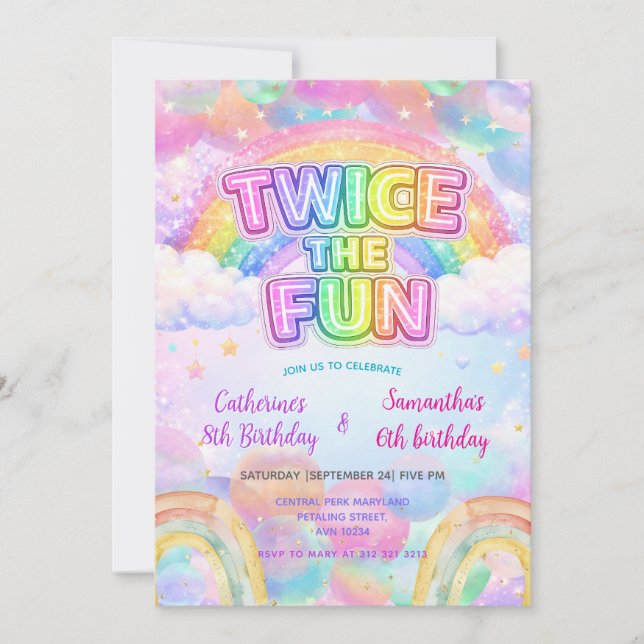 Twice the Fun Rainbow Sibling Birthday  Invitation (Front)