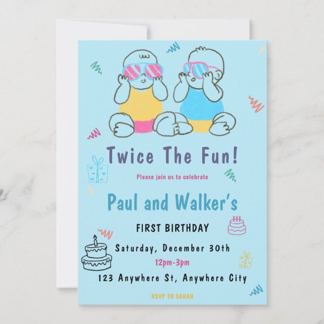 Twice The Fun Twin Birthday Party Invitation (Front)