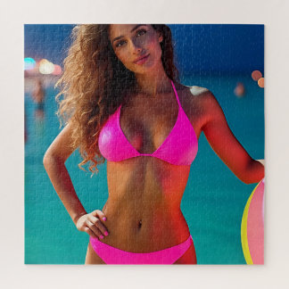 Twilight Beach Portrait — Woman in Neon Pink Bikin Jigsaw Puzzle