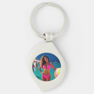 Twilight Beach Portrait — Woman in Neon Pink Bikin Keychain