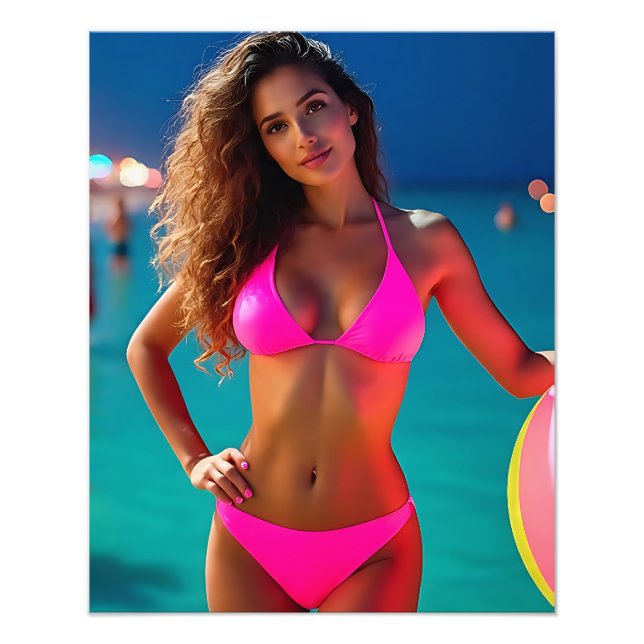 Twilight Beach Portrait — Woman in Neon Pink Bikin Photo Print (Front)
