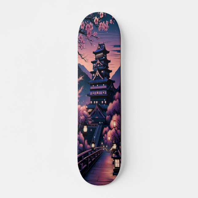 Twilight Castle and Cherry Blossoms Skateboard (Front)