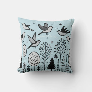 Twilight Forest Birds Light blue Throw Pillow