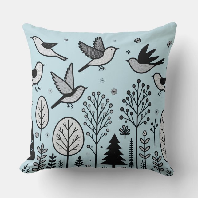 Twilight Forest Birds Light blue Throw Pillow (Front)
