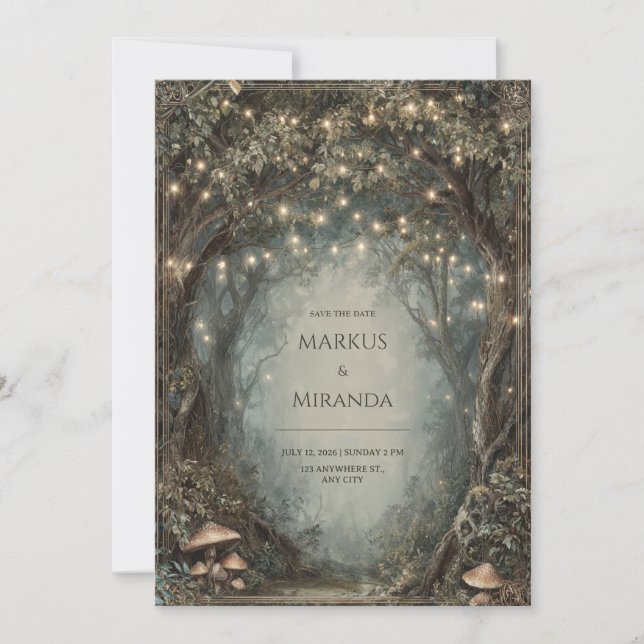 Twilight Forest Canopy Lights and Mushroom Wedding Invitation (Front)