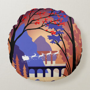 Twilight Forest Christmas Santa Sleigh Round Pillow
