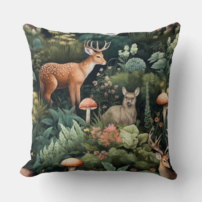 Twilight Forest Friends Botanical Throw Pillow (Front)
