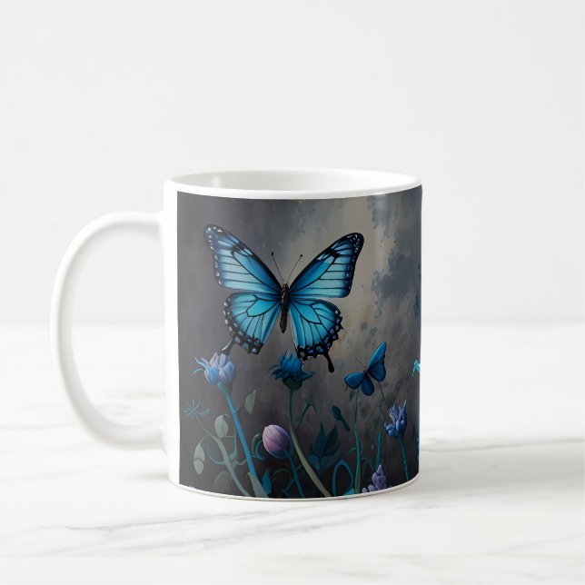Twilight Garden butterfly and yellow Flower blooms Coffee Mug (Left)