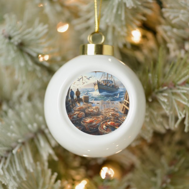 Twilight Harvest Fishermen Collecting Crabs Ceramic Ball Christmas Ornament (Tree)
