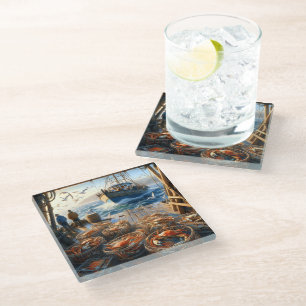 Twilight Harvest Fishermen Collecting Crabs Glass Coaster