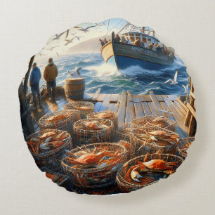 Twilight Harvest Fishermen Collecting Crabs Round Pillow