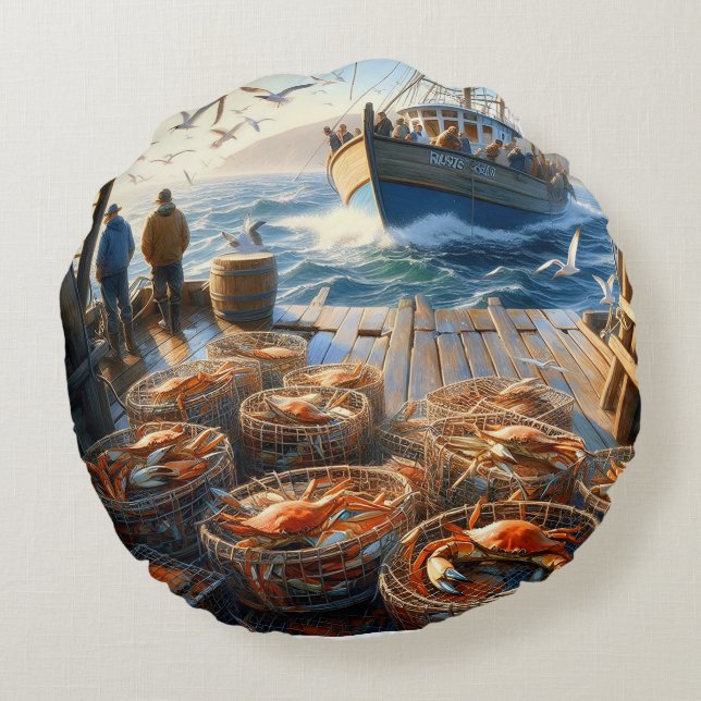 Twilight Harvest Fishermen Collecting Crabs Round Pillow (Back)