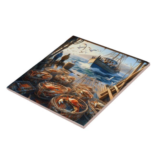 Twilight Harvest Fishermen Collecting Crabs Tile (Side)