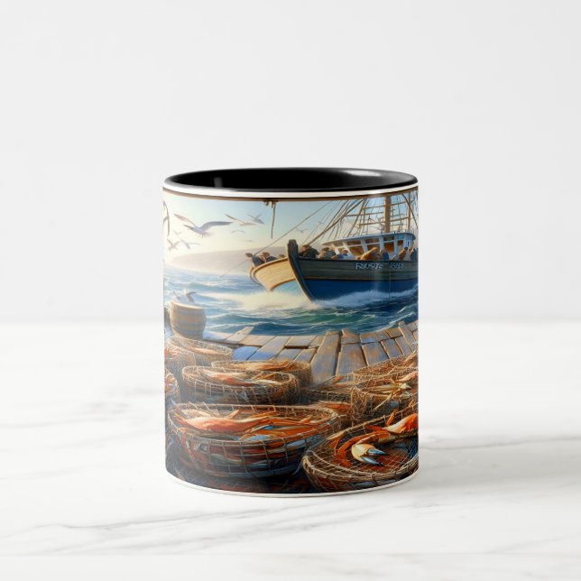 Twilight Harvest Fishermen Collecting Crabs Two-Tone Coffee Mug (Center)