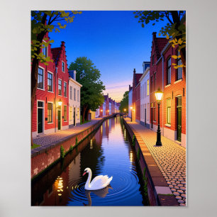 Twilight in Bruges Canals Poster
