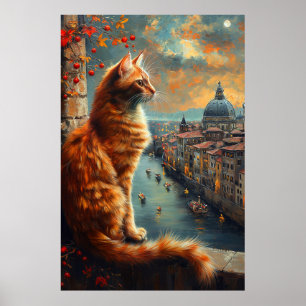 Twilight in Venice Ginger Cat on a Canal Poster