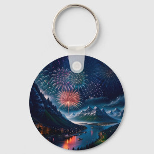Twilight Mountain with Fireworks Keychain