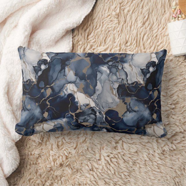 Twilight Navy Blue and Grey with Antique Gold Lumbar Pillow (Blanket)