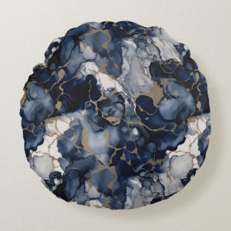 Twilight Navy Blue and Grey with Antique Gold Round Pillow