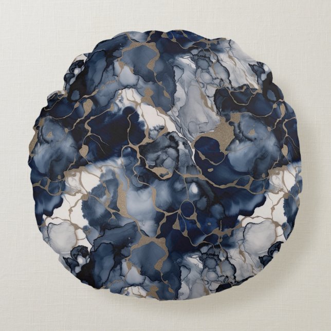 Twilight Navy Blue and Grey with Antique Gold Round Pillow (Front)