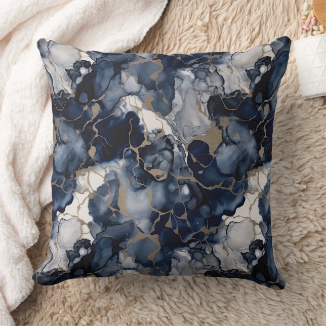 Twilight Navy Blue and Grey with Antique Gold Throw Pillow (Blanket)