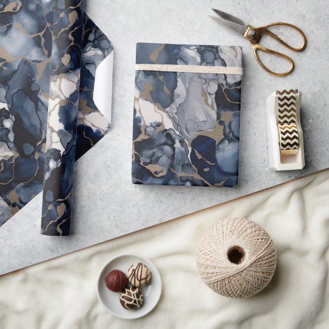 Twilight Navy Blue and Grey with Antique Gold Wrapping Paper (Crafts)