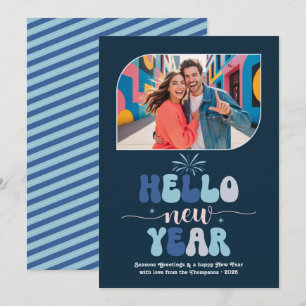 Twilight Ocean Hello New Year Blue Retro Photo Holiday Card